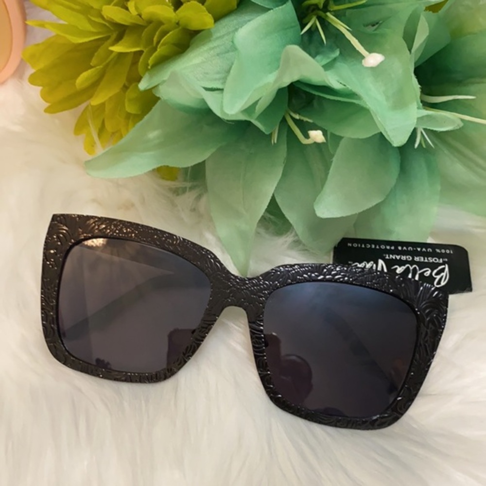 Metal Textured Square Framed Black Sunglasses By Bella Vita NEW!